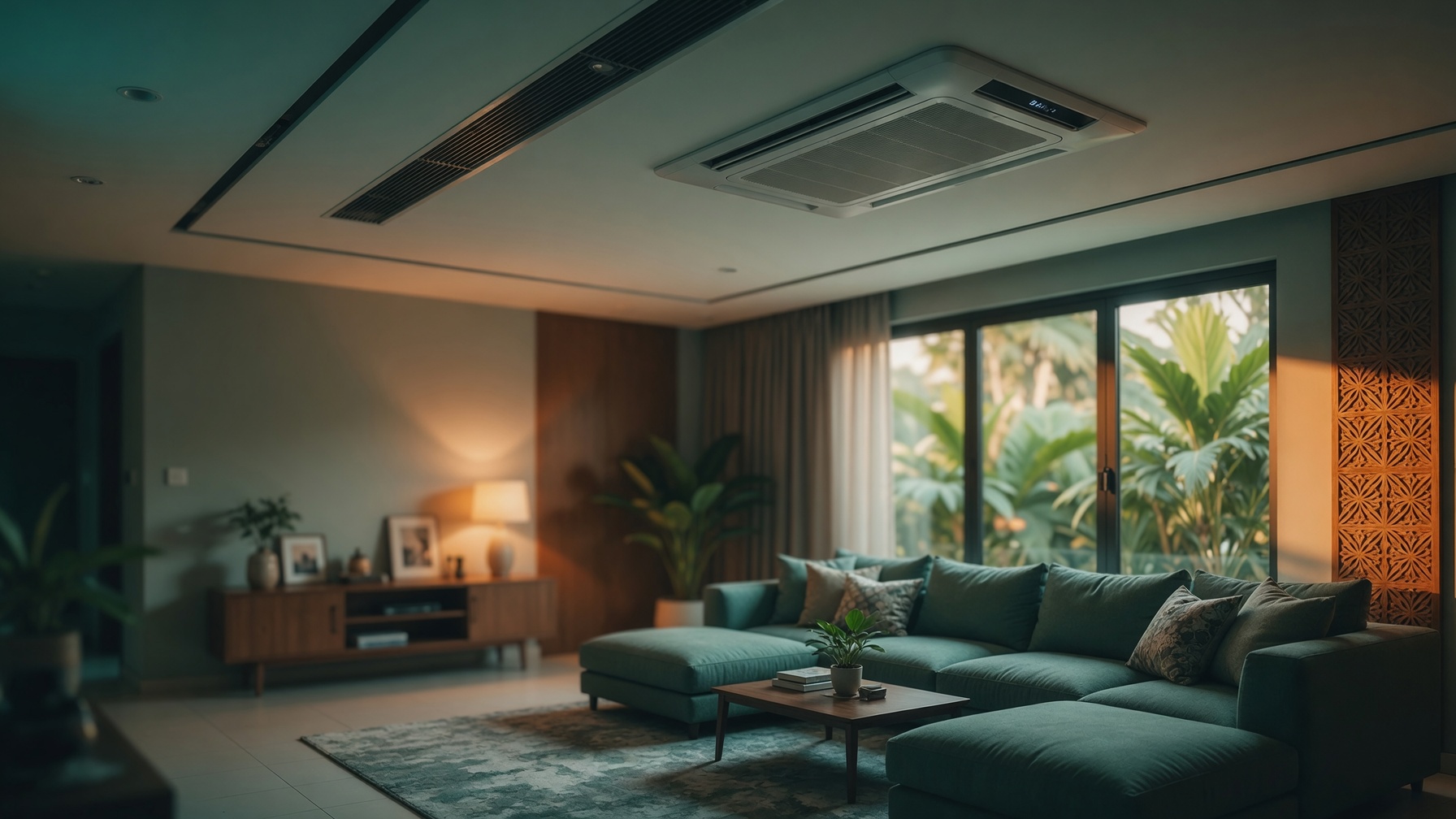 Ceiling cassette HVAC in modern living room